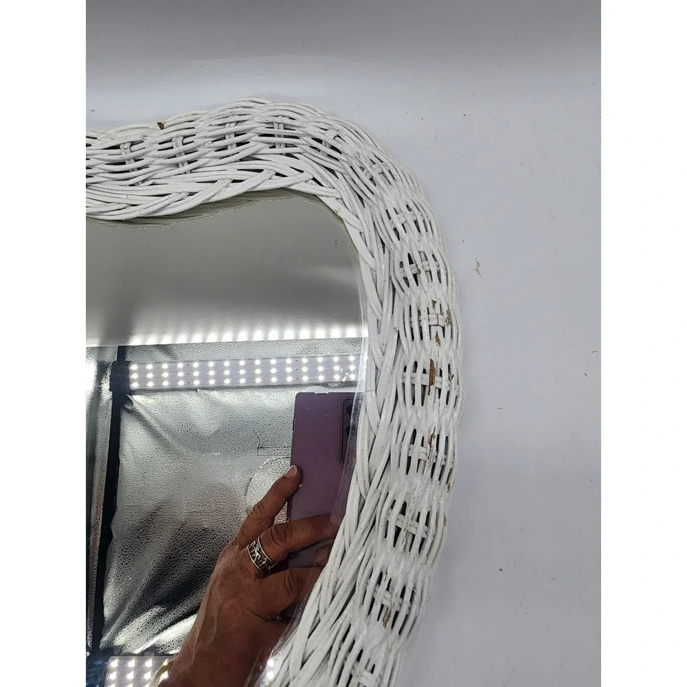 Vintage Heart Shaped White Wicker Wall Mirror Cottagecore Boho Decor
